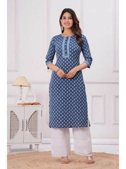 Blue Printed Straight Kurta with Three Quarter Sleeves