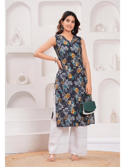 Navy Blue Printed Straight Sleeveless Kurta