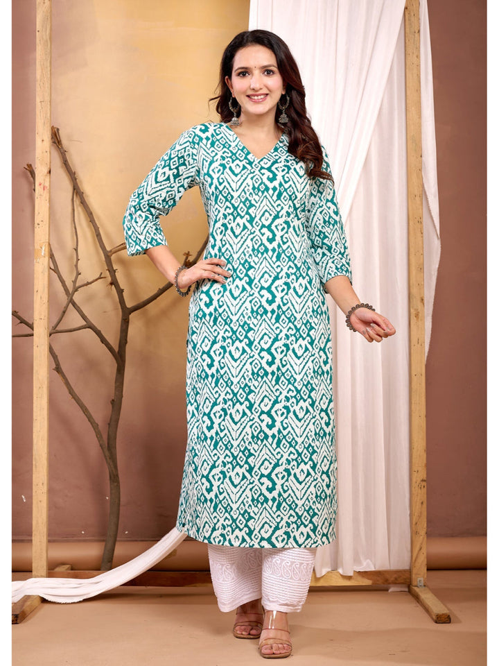 Turquoise Blue Printed Straight Kurta with Three Quarter Sleeves