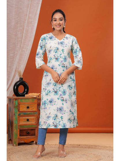 Off White Printed Straight Kurta with Three Quarter Sleeves