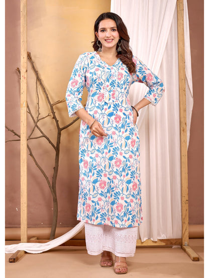 Off White Printed Straight Kurta with Three Quarter Sleeves