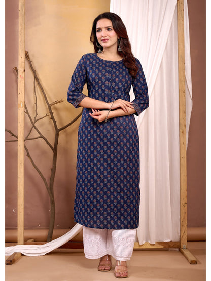 Navy Blue Printed Straight Kurta with Three Quarter Sleeves