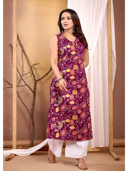 Burgundy Floral Printed Straight Sleeveless Kurta