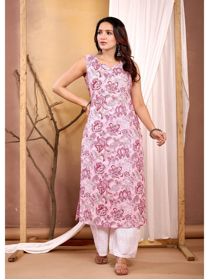 Pink Floral Printed Straight Sleeveless Kurta