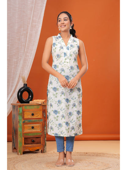 Off White Floral Printed Straight Sleeveless Kurta