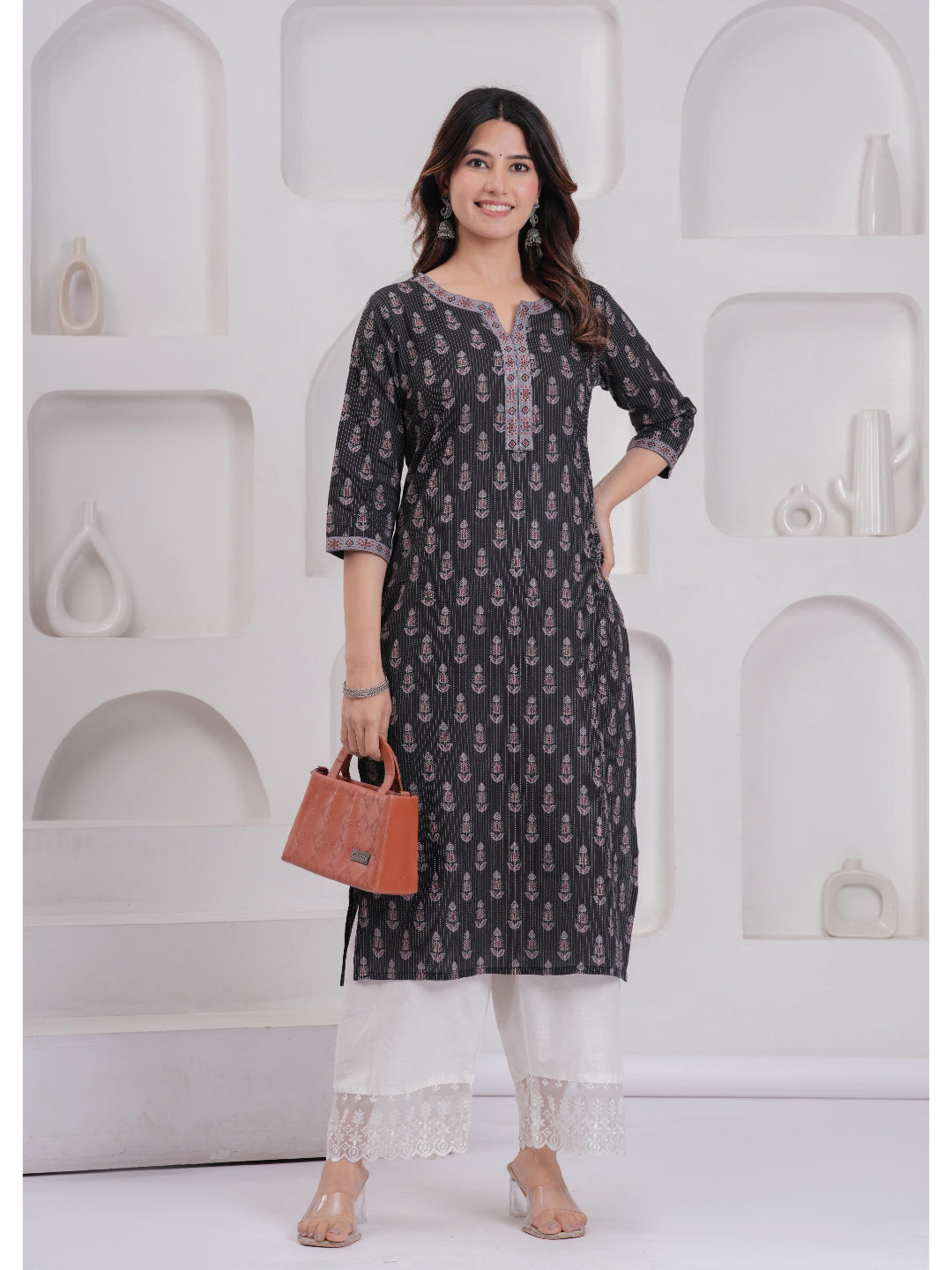 Black Printed Straight Kurta with Three Quarter Sleeves