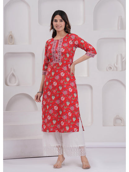 Red Printed Straight Kurta with Three Quarter Sleeves