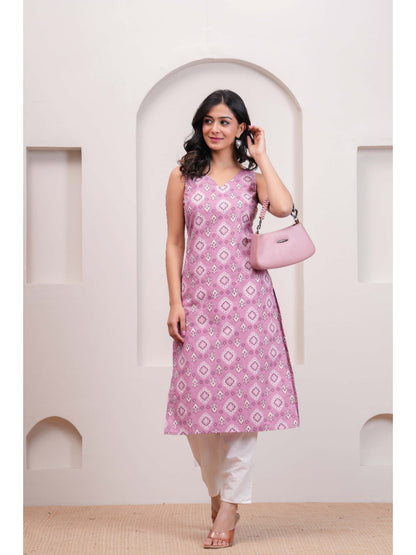 Mauve Printed Straight Sleeveless Kurta