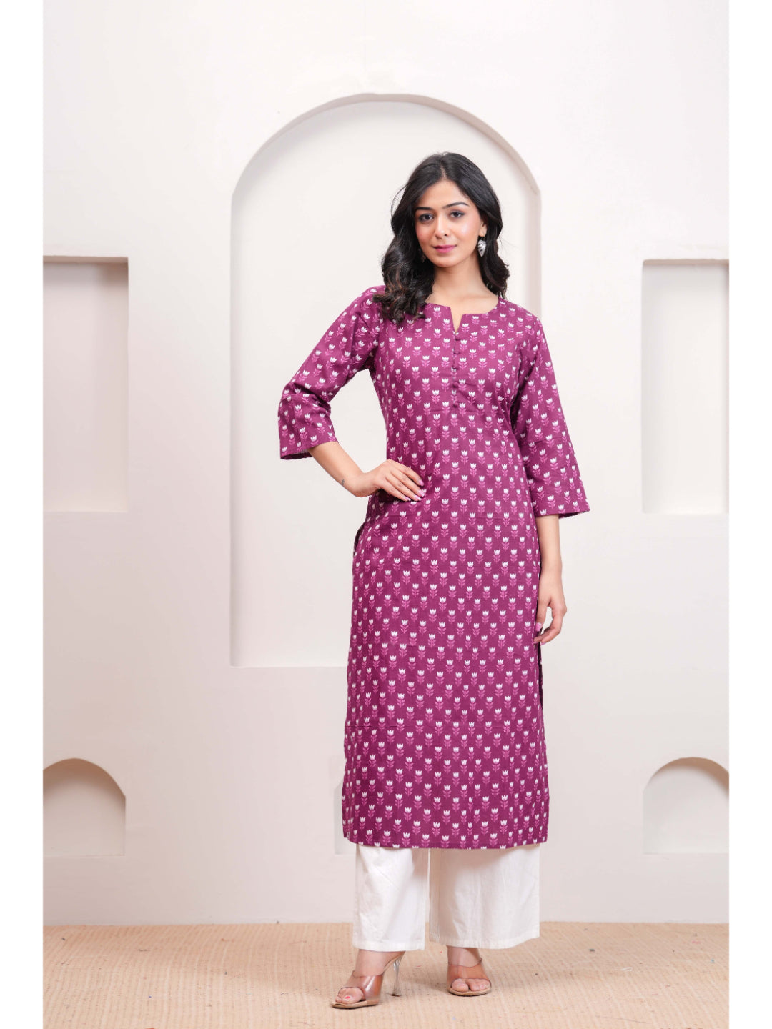 Purple Printed Straight Kurta with Three Quarter Sleeves