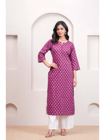 Purple Printed Straight Kurta with Three Quarter Sleeves