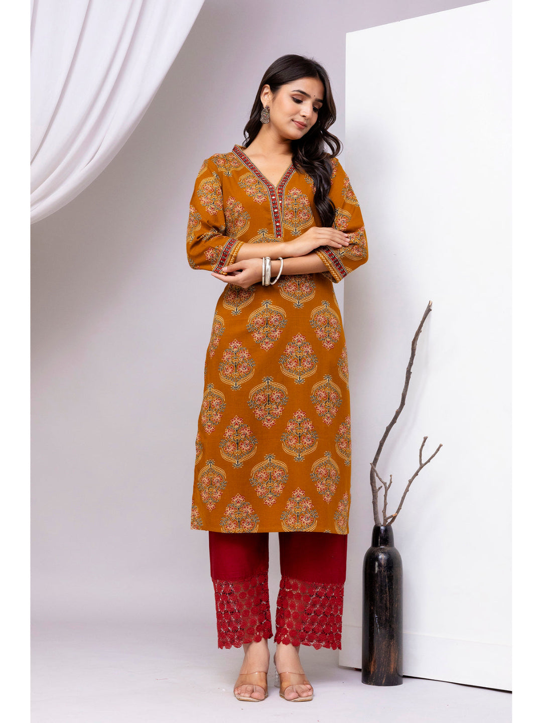 Mustard Printed Straight Kurta with Three Quarter Sleeves