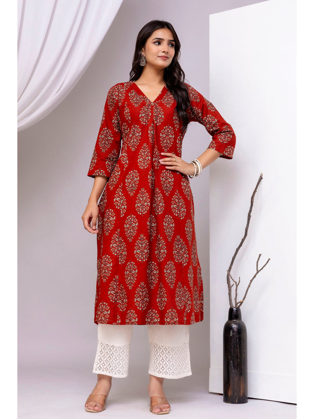 Maroon Printed Straight Kurta with Three Quarter Sleeves