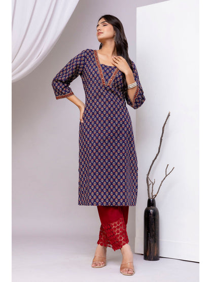 Blue Printed Straight Kurta with Three Quarter Sleeves