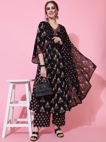 Cotton Calf Length Printed Semi-Flared 3/4 Sleeves V-Neck Kurta Bottom Dupatta Set (Preorder)