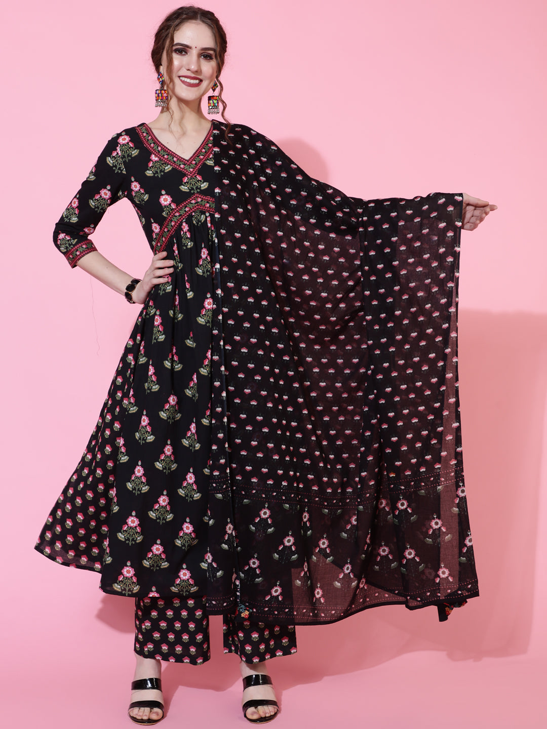 Cotton Calf Length Printed Semi-Flared 3/4 Sleeves V-Neck Kurta Bottom Dupatta Set (Preorder)