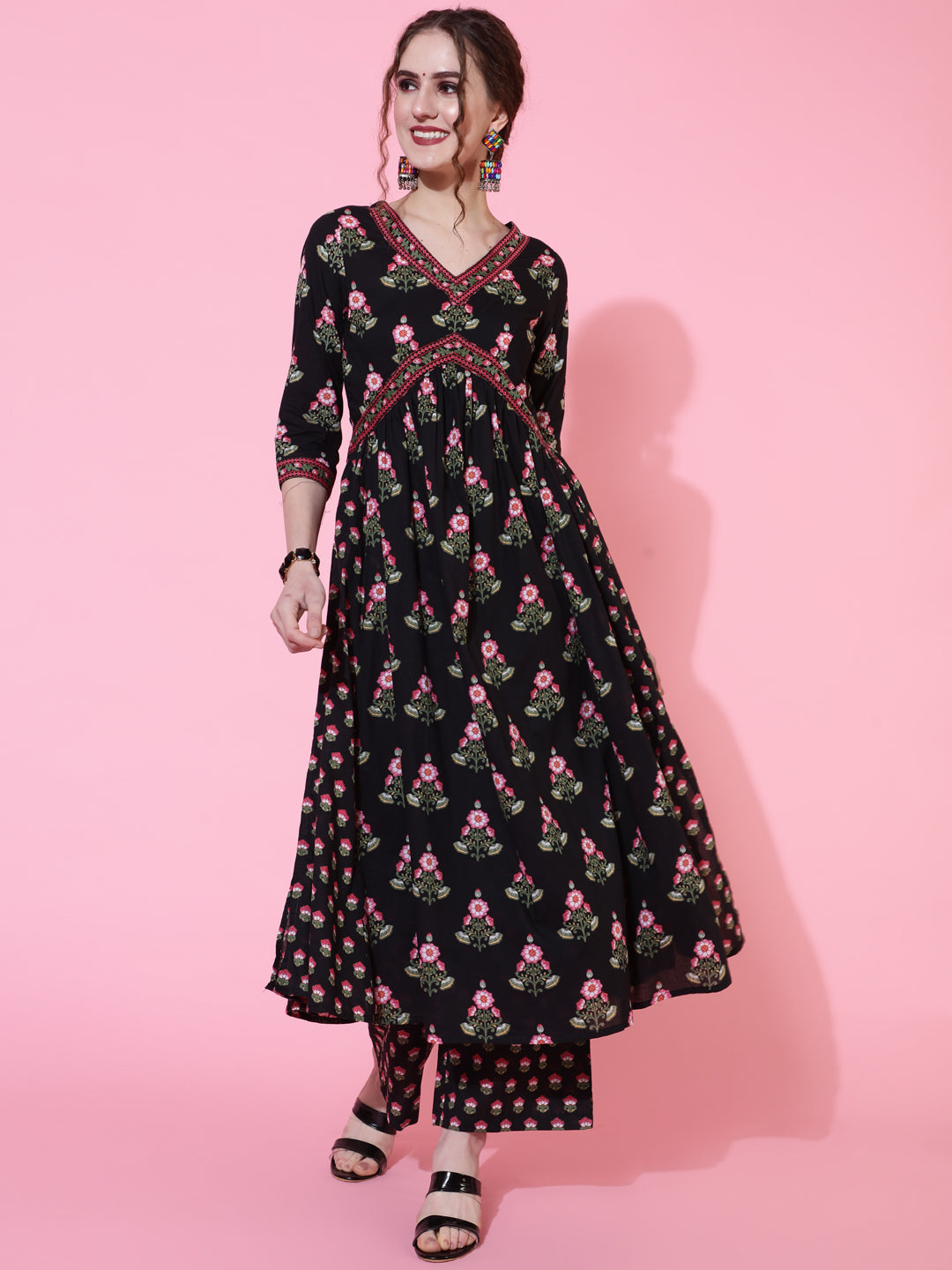 Cotton Calf Length Printed Semi-Flared 3/4 Sleeves V-Neck Kurta Bottom Dupatta Set (Preorder)