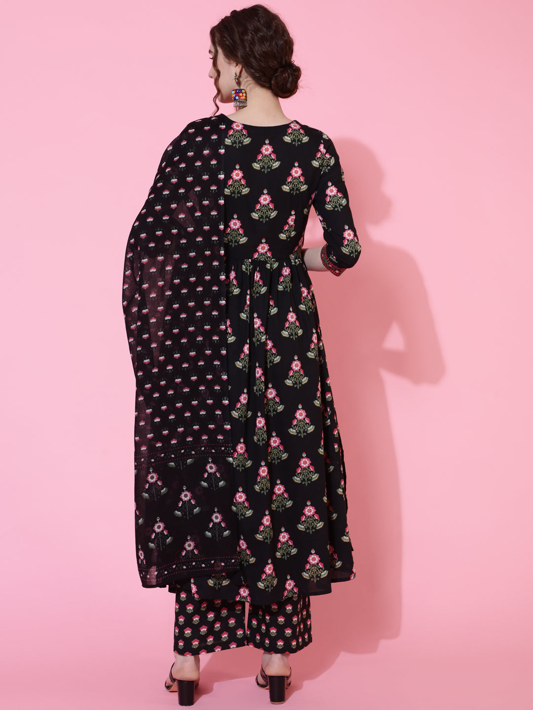 Cotton Calf Length Printed Semi-Flared 3/4 Sleeves V-Neck Kurta Bottom Dupatta Set (Preorder)