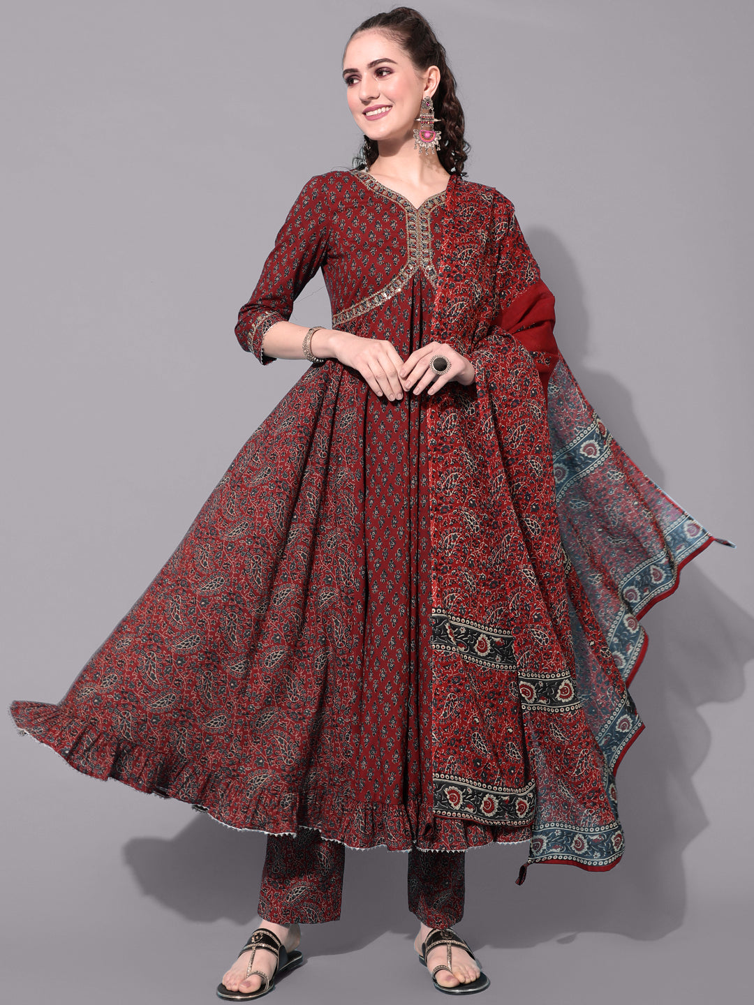 Cotton Calf Length Printed Semi-Flared 3/4 Sleeves Sweetheart Neck Kurta Bottom Dupatta Set (Preorder)