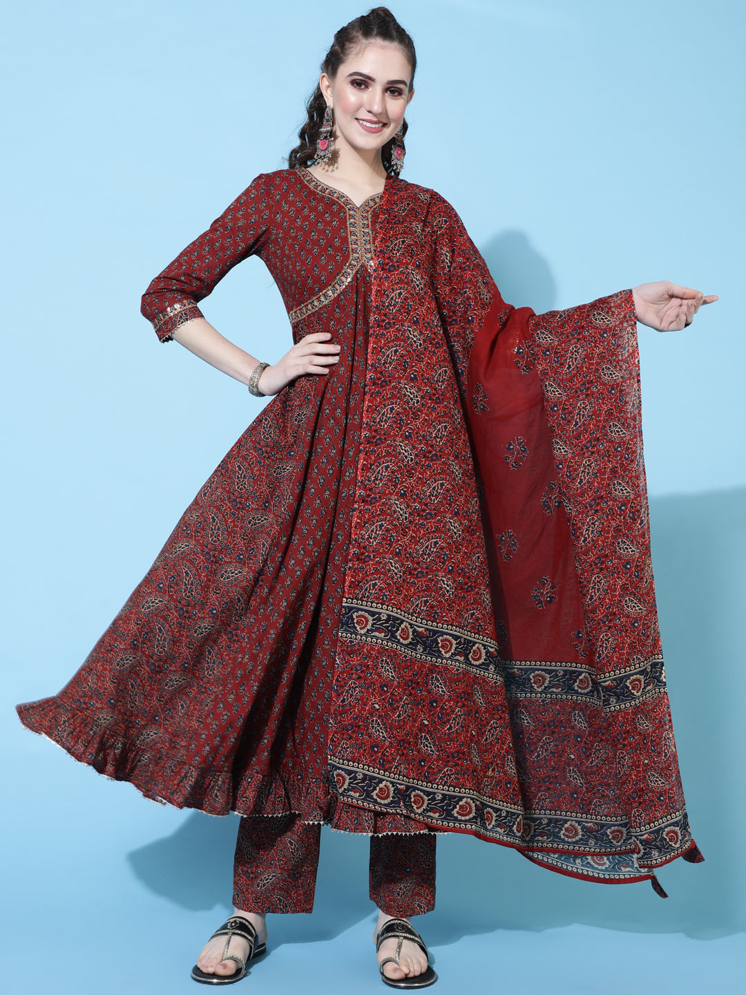 Cotton Calf Length Printed Semi-Flared 3/4 Sleeves Sweetheart Neck Kurta Bottom Dupatta Set (Preorder)