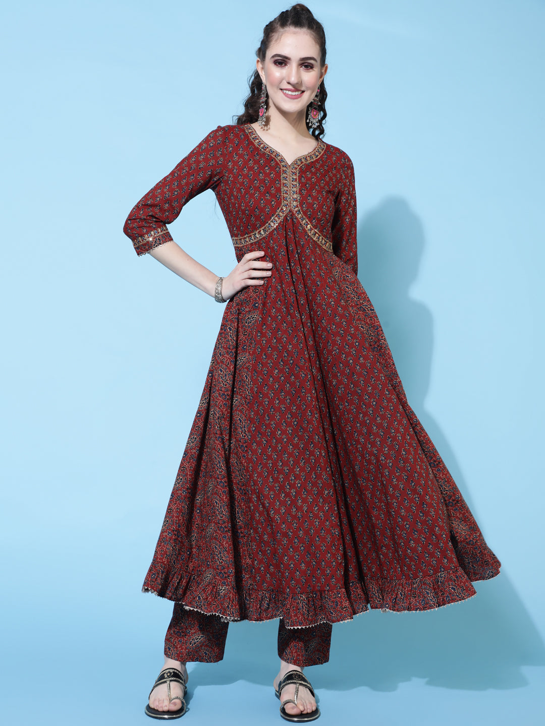 Cotton Calf Length Printed Semi-Flared 3/4 Sleeves Sweetheart Neck Kurta Bottom Dupatta Set (Preorder)