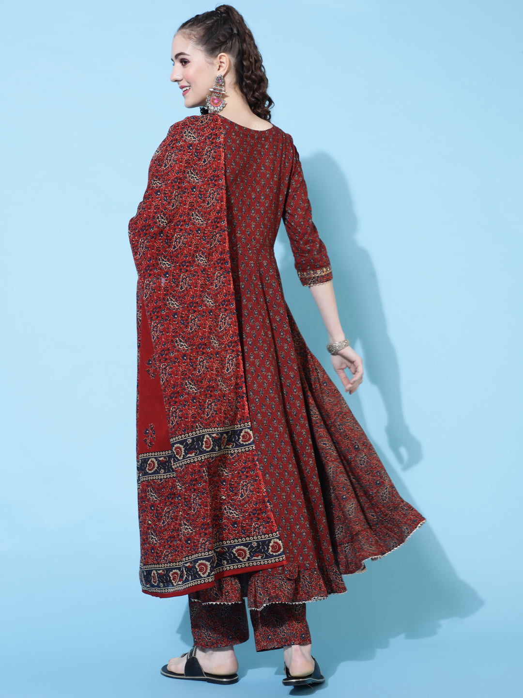 Cotton Calf Length Printed Semi-Flared 3/4 Sleeves Sweetheart Neck Kurta Bottom Dupatta Set (Preorder)