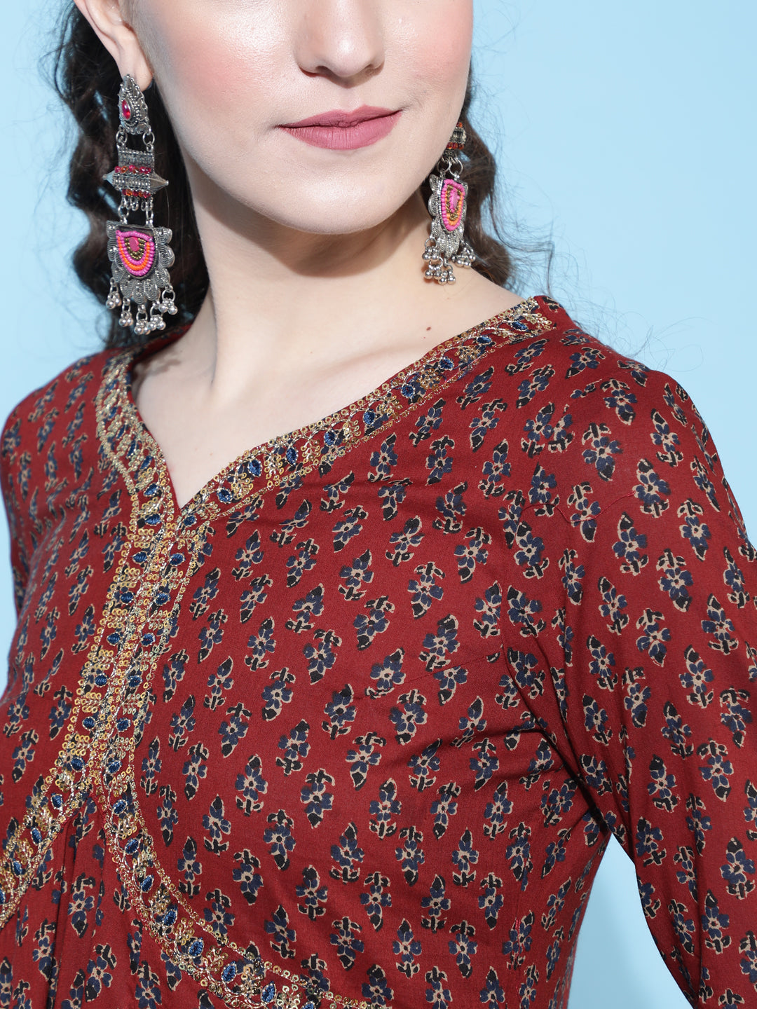 Cotton Calf Length Printed Semi-Flared 3/4 Sleeves Sweetheart Neck Kurta Bottom Dupatta Set (Preorder)