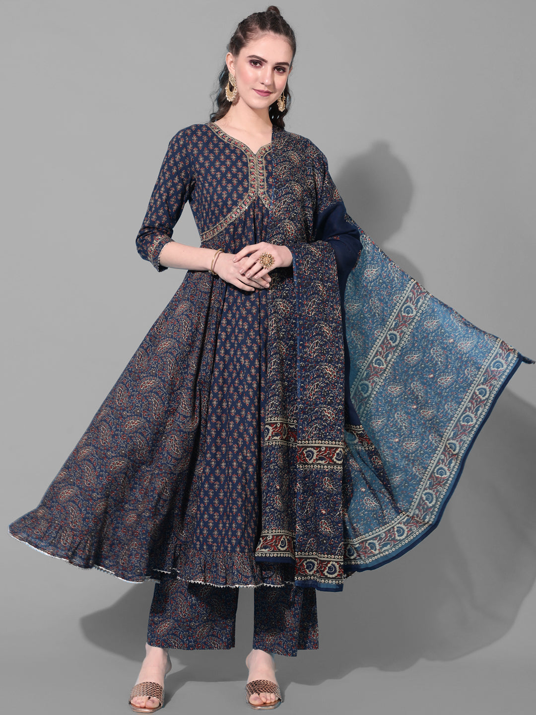 Cotton Calf Length Printed Semi-Flared 3/4 Sleeves Sweetheart Neck Kurta Bottom Dupatta Set (Preorder)