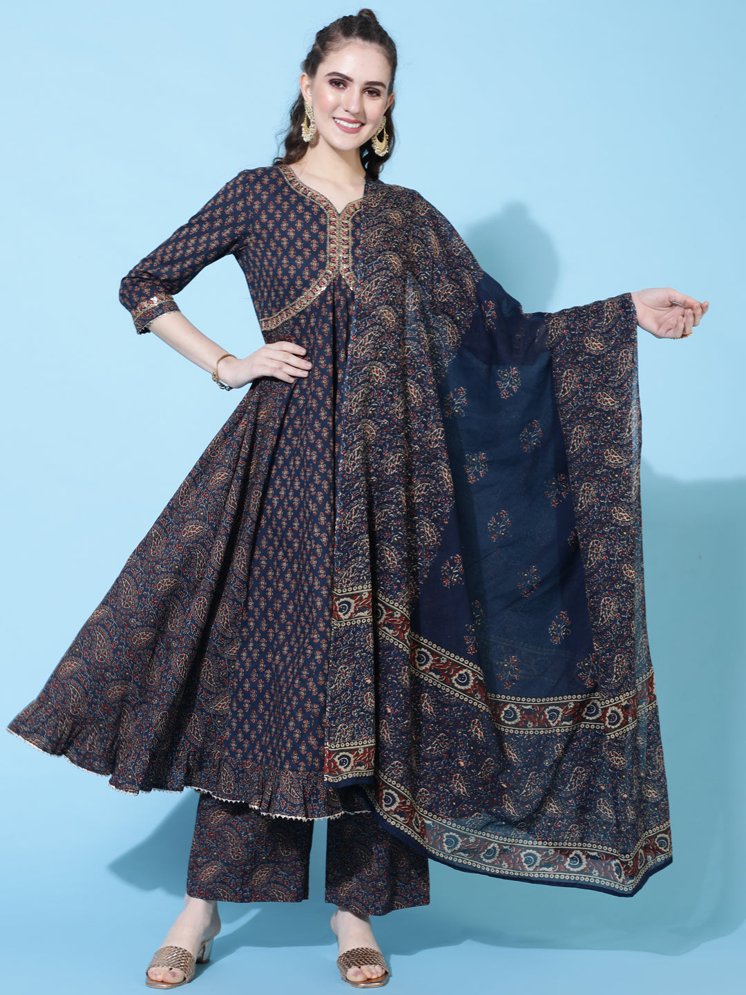 Cotton Calf Length Printed Semi-Flared 3/4 Sleeves Sweetheart Neck Kurta Bottom Dupatta Set (Preorder)
