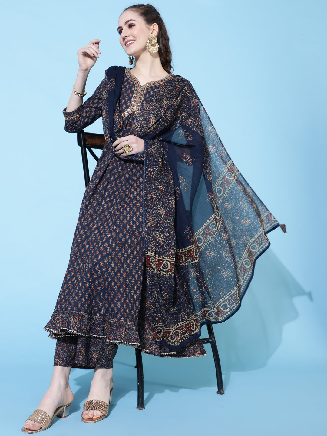 Cotton Calf Length Printed Semi-Flared 3/4 Sleeves Sweetheart Neck Kurta Bottom Dupatta Set (Preorder)