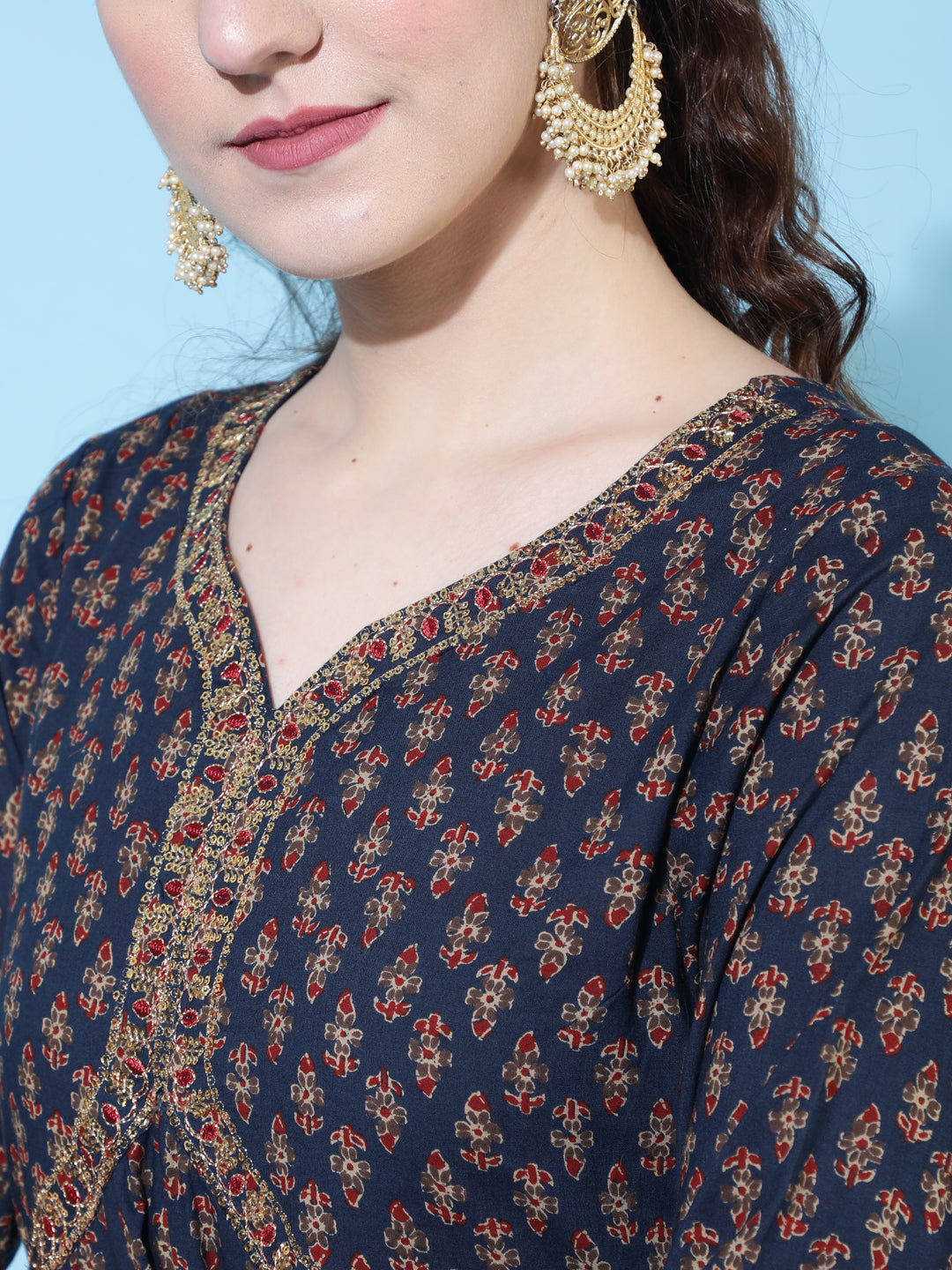 Cotton Calf Length Printed Semi-Flared 3/4 Sleeves Sweetheart Neck Kurta Bottom Dupatta Set (Preorder)