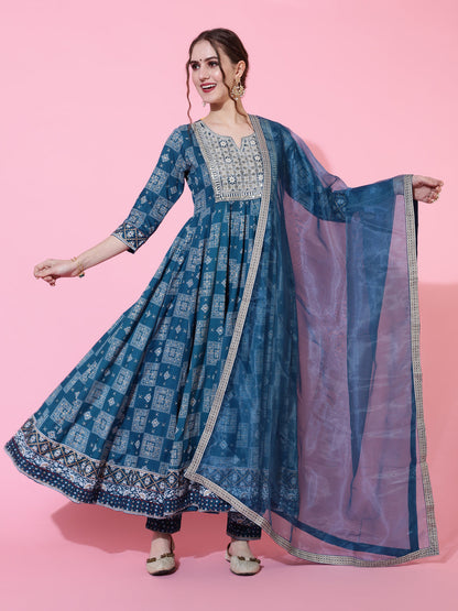 Rayon Calf Length Printed Flared 3/4 Sleeves Round Neck Kurta Bottom Dupatta Set (Preorder)
