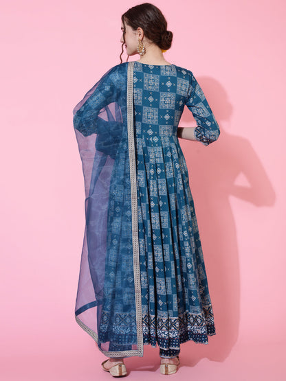 Rayon Calf Length Printed Flared 3/4 Sleeves Round Neck Kurta Bottom Dupatta Set (Preorder)