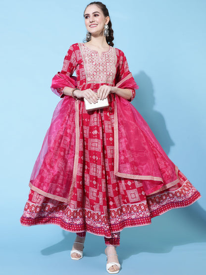 Rayon Calf Length Printed Flared 3/4 Sleeves Round Neck Kurta Bottom Dupatta Set (Preorder)