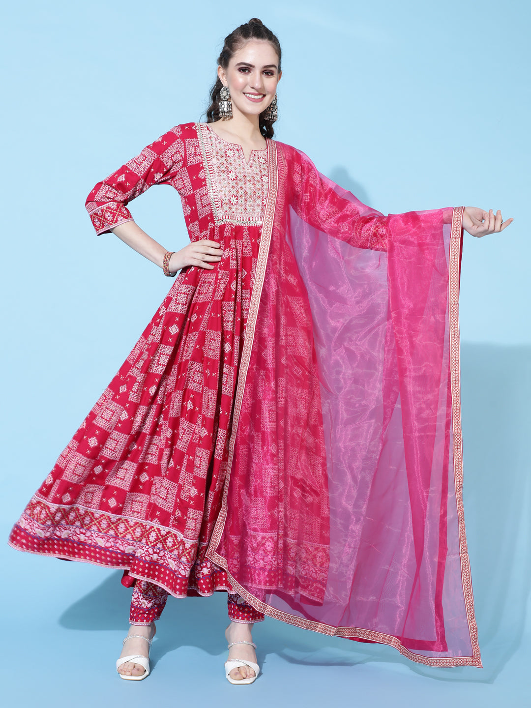 Rayon Calf Length Printed Flared 3/4 Sleeves Round Neck Kurta Bottom Dupatta Set (Preorder)
