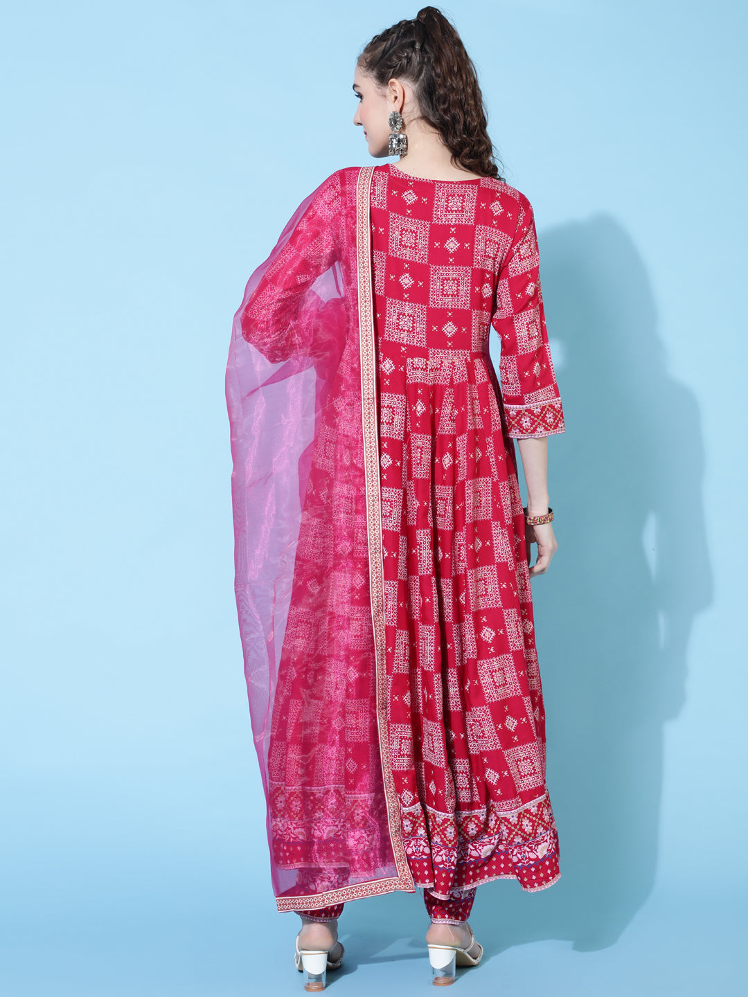 Rayon Calf Length Printed Flared 3/4 Sleeves Round Neck Kurta Bottom Dupatta Set (Preorder)