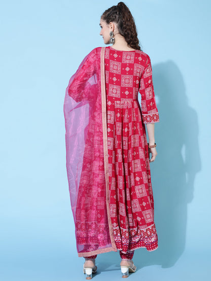 Rayon Calf Length Printed Flared 3/4 Sleeves Round Neck Kurta Bottom Dupatta Set (Preorder)