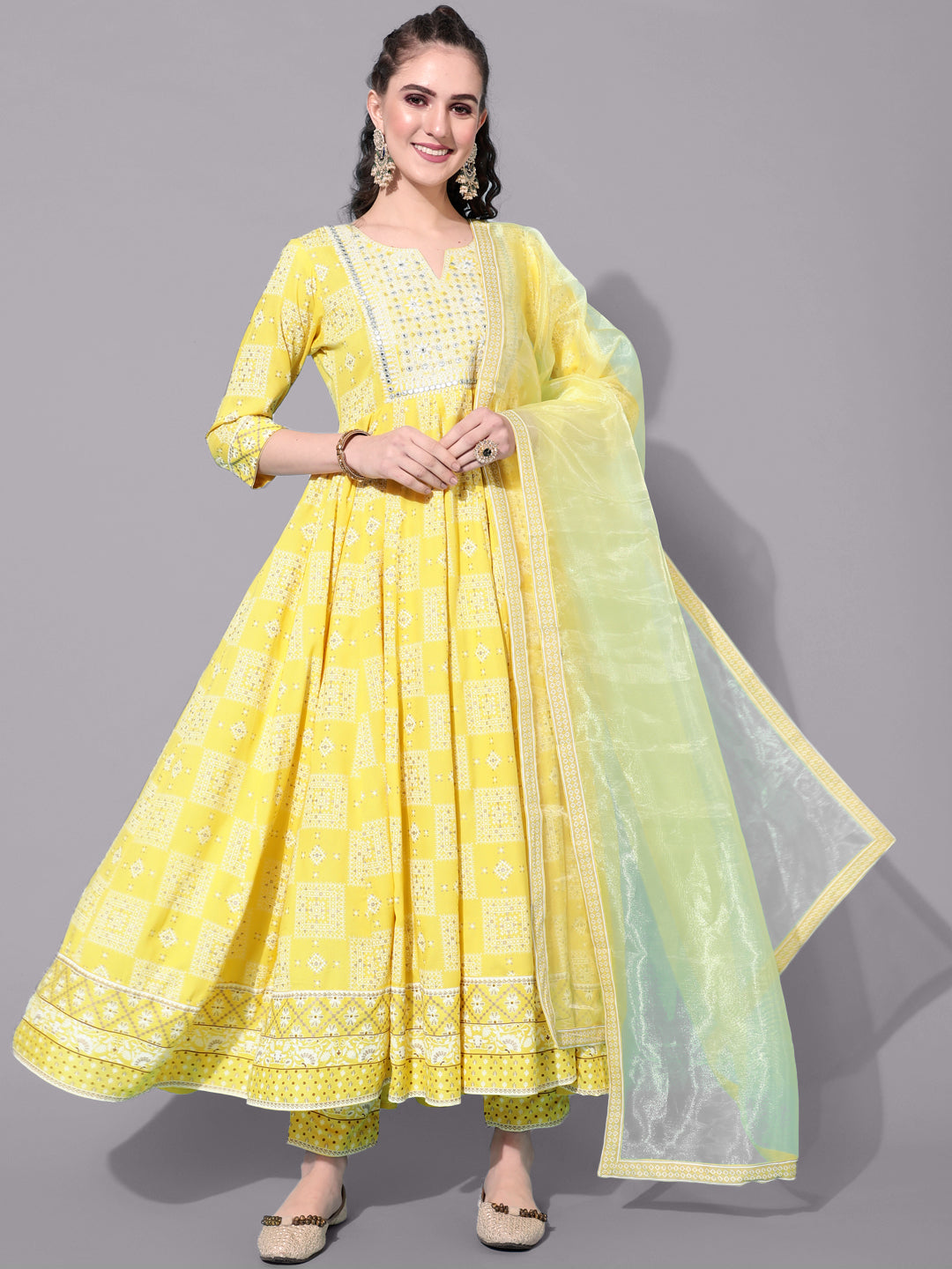 Rayon Calf Length Printed Flared 3/4 Sleeves Round Neck Kurta Bottom Dupatta Set (Preorder)