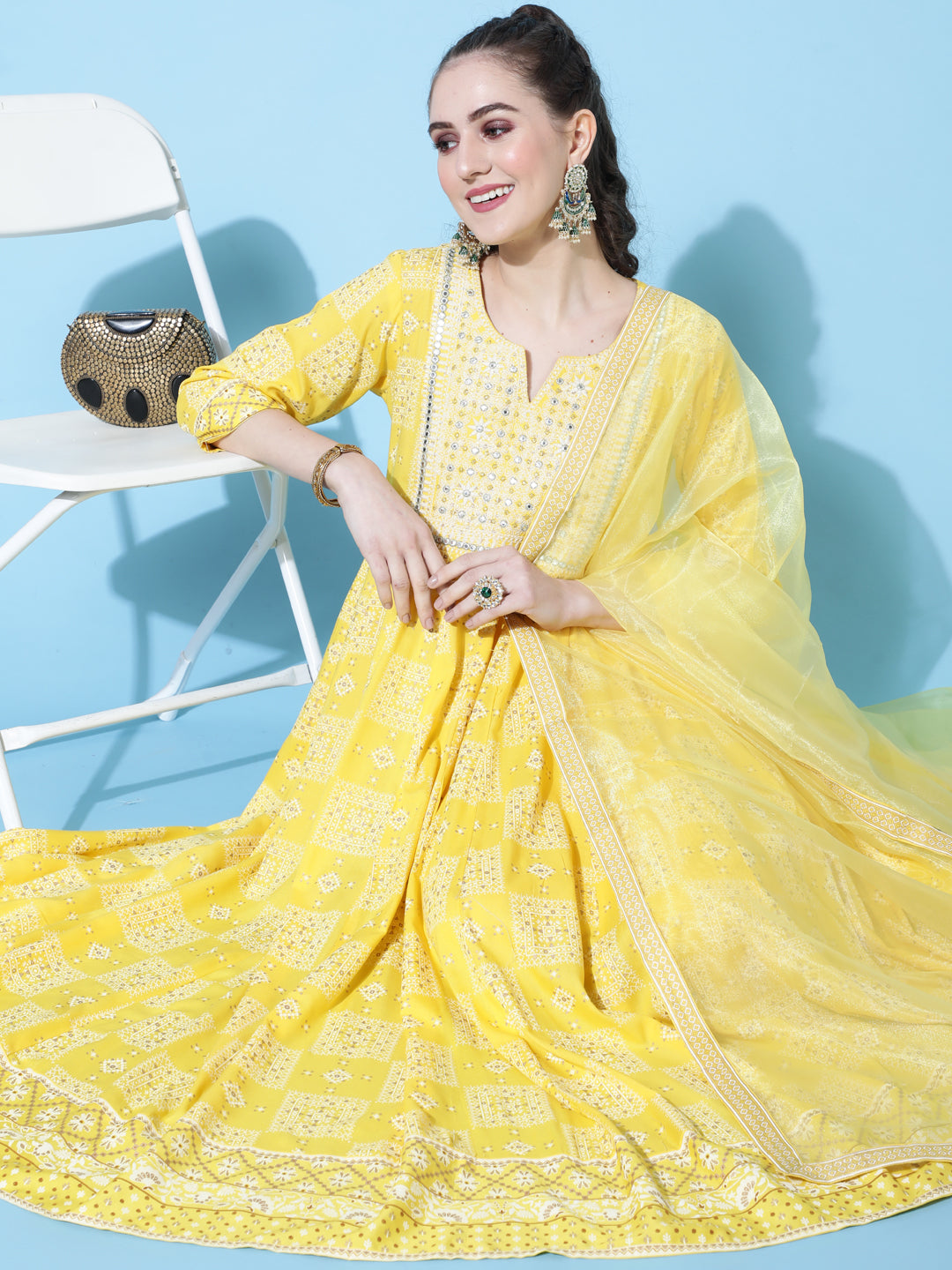 Rayon Calf Length Printed Flared 3/4 Sleeves Round Neck Kurta Bottom Dupatta Set (Preorder)