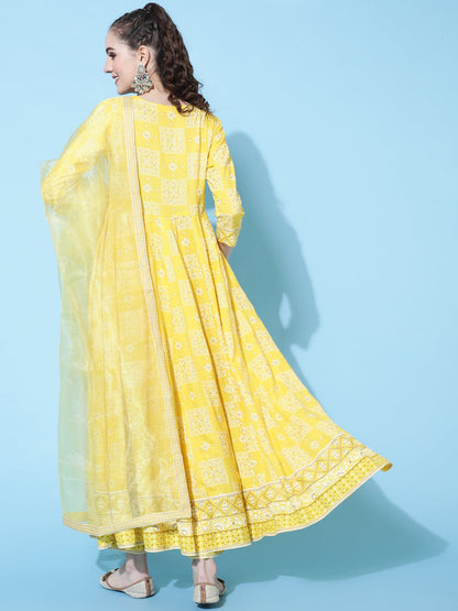 Rayon Calf Length Printed Flared 3/4 Sleeves Round Neck Kurta Bottom Dupatta Set (Preorder)