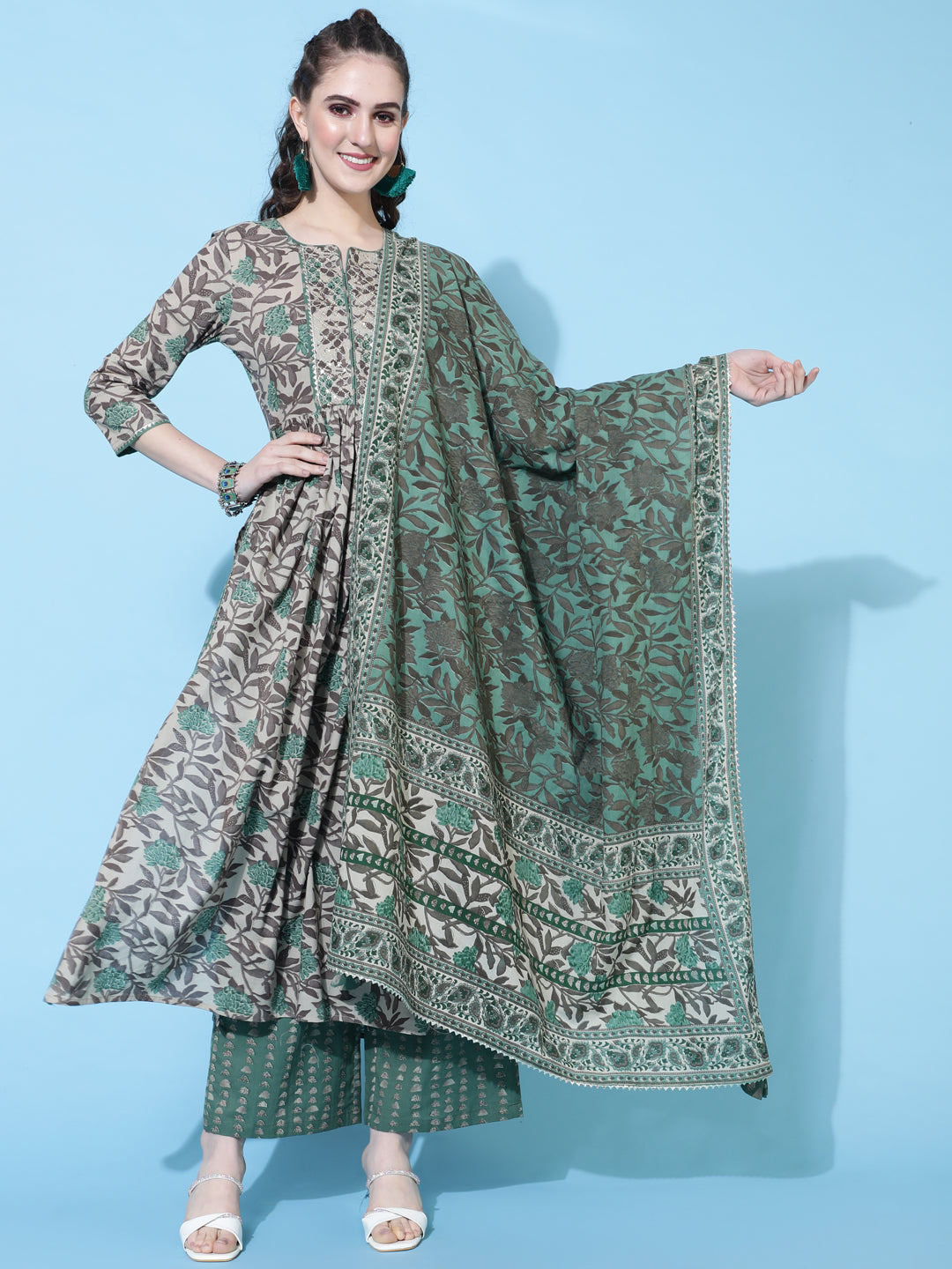 Cotton Calf Length Printed Semi-Flared 3/4 Sleeves Round Neck Kurta Bottom Dupatta Set (Preorder)