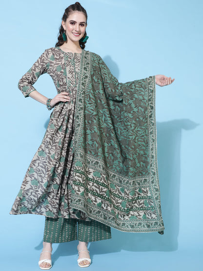 Cotton Calf Length Printed Semi-Flared 3/4 Sleeves Round Neck Kurta Bottom Dupatta Set (Preorder)