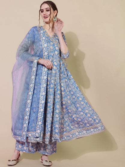 Cotton Calf Length Printed Flared 3/4 Sleeves V-Neck Kurta Bottom (Preorder)