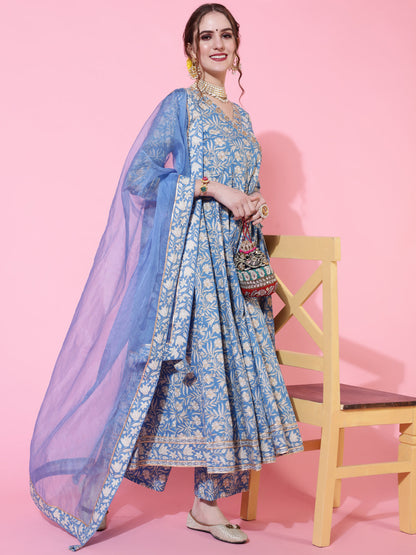 Cotton Calf Length Printed Flared 3/4 Sleeves V-Neck Kurta Bottom (Preorder)