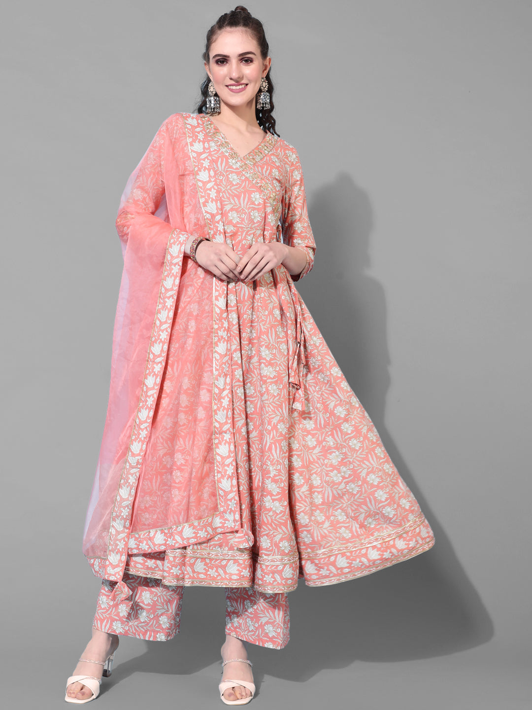 Cotton Calf Length Printed Flared 3/4 Sleeves V-Neck Kurta Bottom Dupatta Set (Preorder)