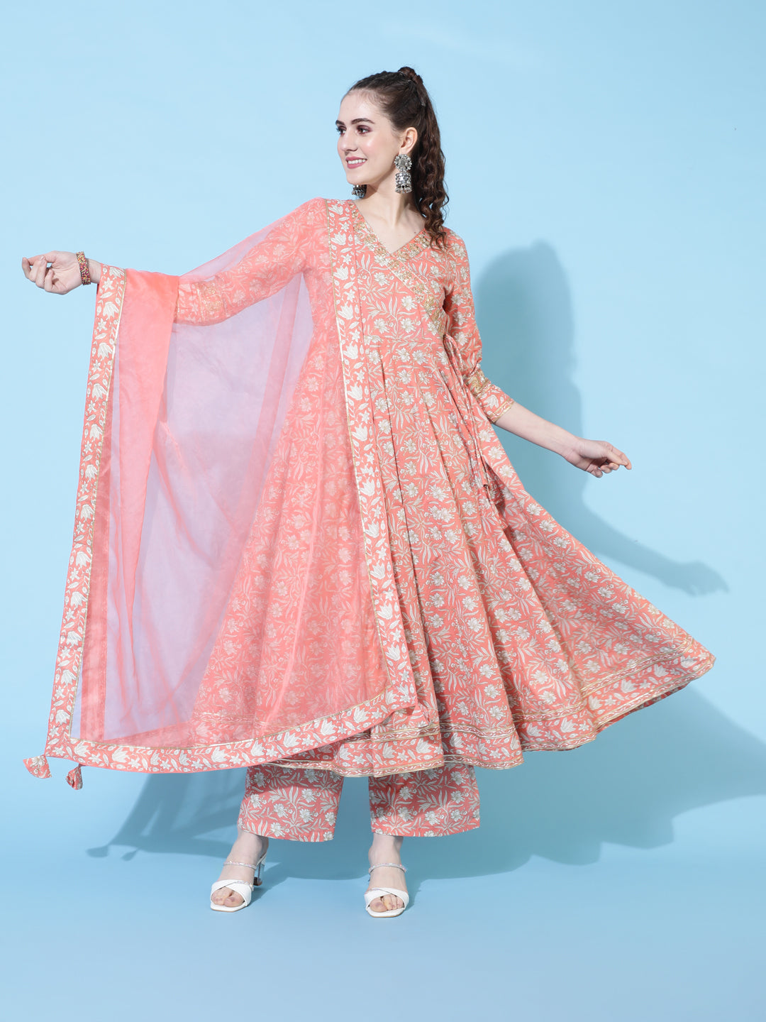 Cotton Calf Length Printed Flared 3/4 Sleeves V-Neck Kurta Bottom Dupatta Set (Preorder)