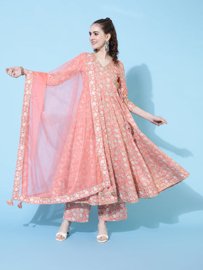 Cotton Calf Length Printed Flared 3/4 Sleeves V-Neck Kurta Bottom Dupatta Set (Preorder)