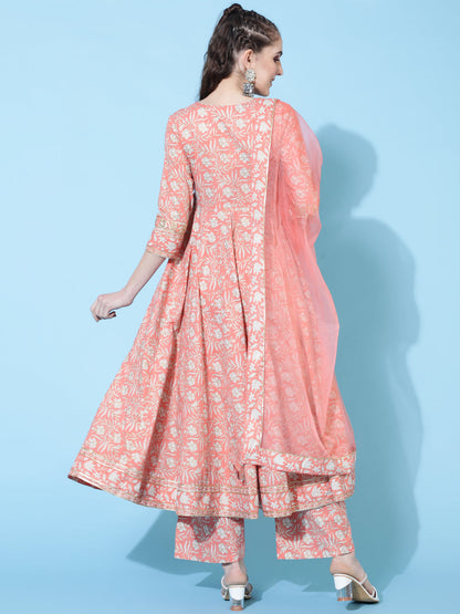 Cotton Calf Length Printed Flared 3/4 Sleeves V-Neck Kurta Bottom Dupatta Set (Preorder)