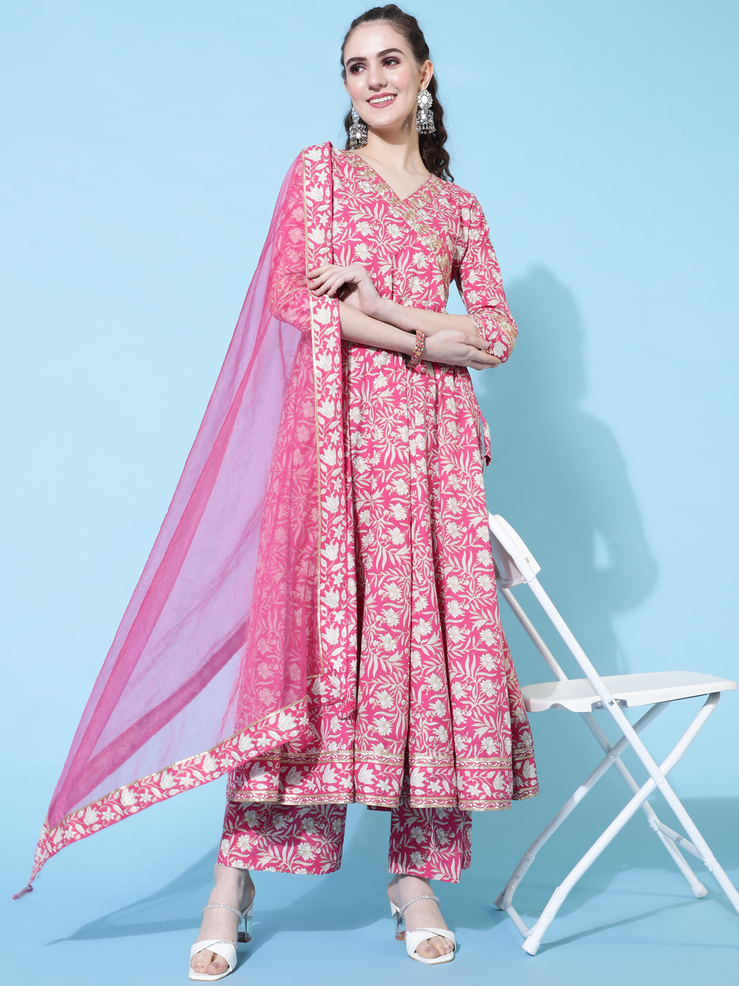 Cotton Calf Length Printed Flared 3/4 Sleeves V-Neck Kurta Bottom Dupatta Set (Preorder)