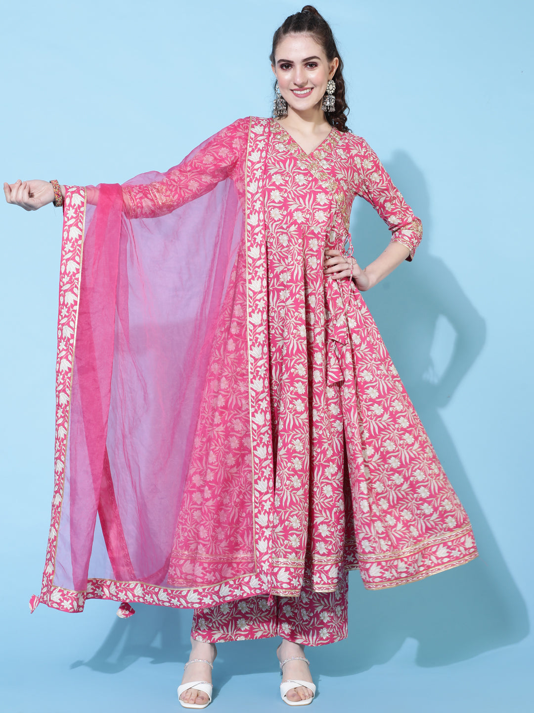 Cotton Calf Length Printed Flared 3/4 Sleeves V-Neck Kurta Bottom Dupatta Set (Preorder)