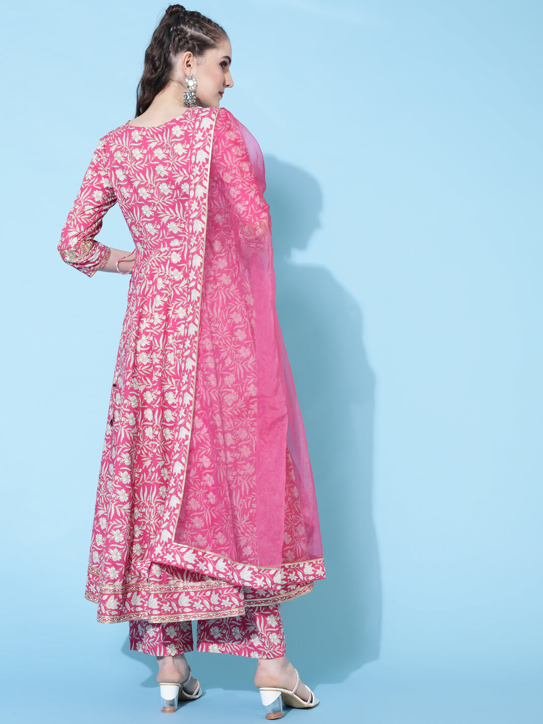 Cotton Calf Length Printed Flared 3/4 Sleeves V-Neck Kurta Bottom Dupatta Set (Preorder)